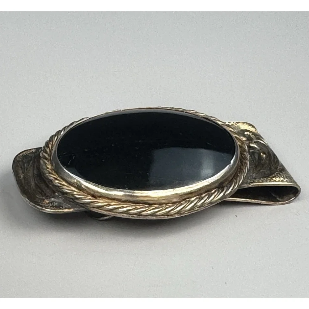 Sterling Silver Black Onyx Money Clip Vintage Hand Engraved Western 45.7g